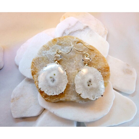 Solar Eye Quartz Water Clear Herkimer Diamond Sterling Silver Dangle Earrings - Picture 4 of 7